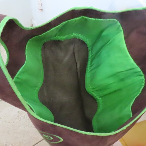 Handmade Deep Forest Green Suede Bag w/yellow green/gold twirly design stitching - Picture 6 of 7